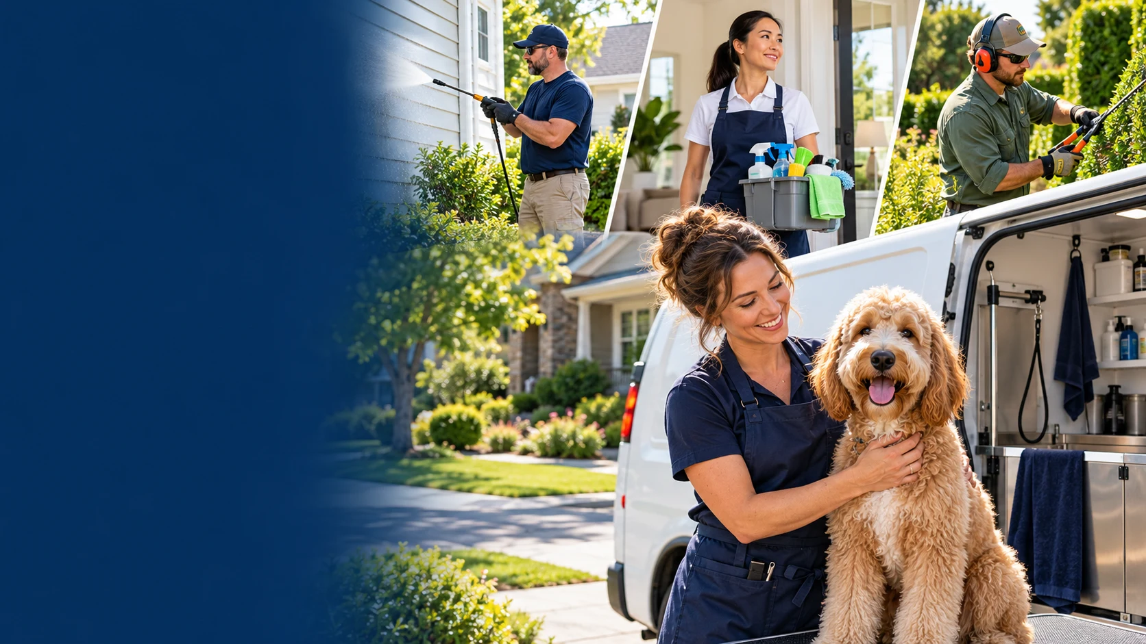Local service professionals and a mobile pet groomer with a dog beside a grooming van